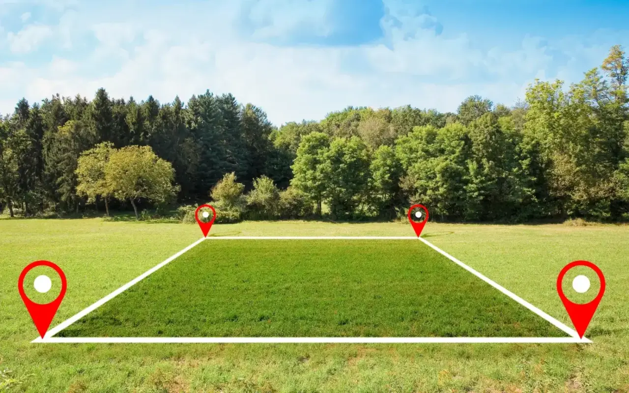 Terrain préparé avec repères avant implantation d’une construction
