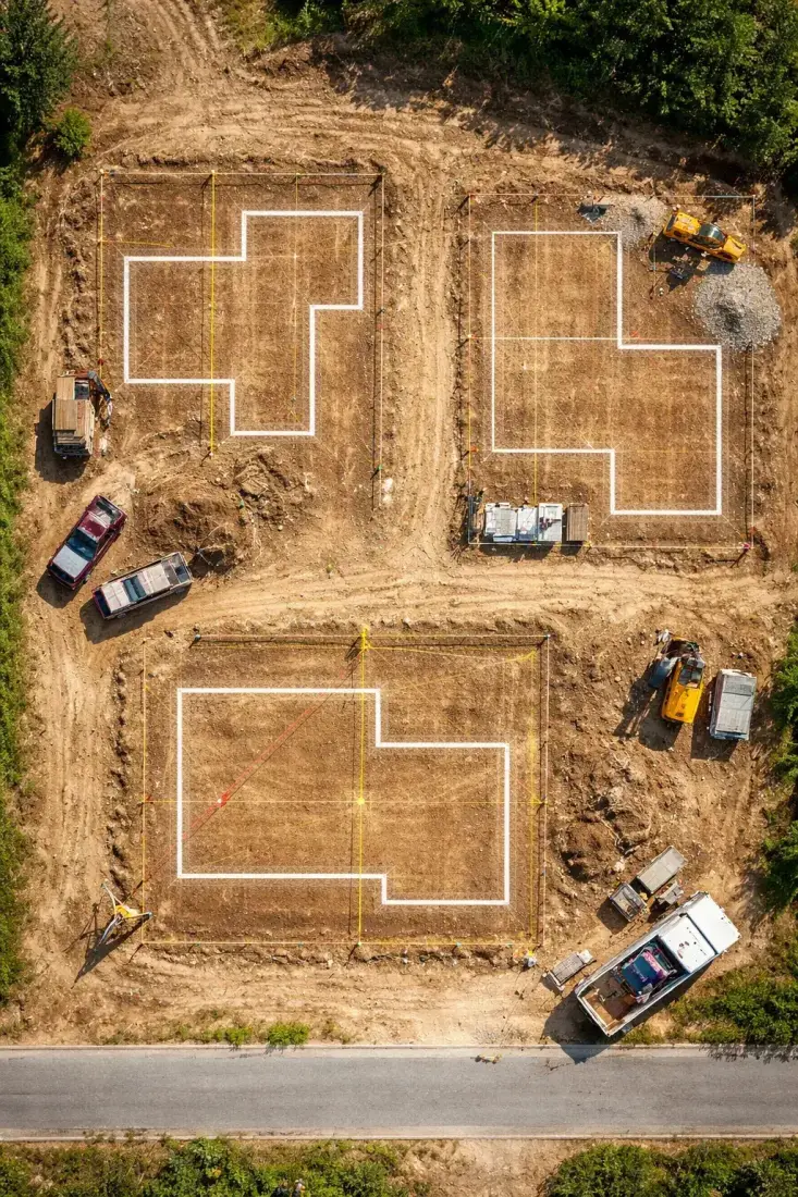 Vue aérienne d’un terrain piqueté avant construction dans le Var