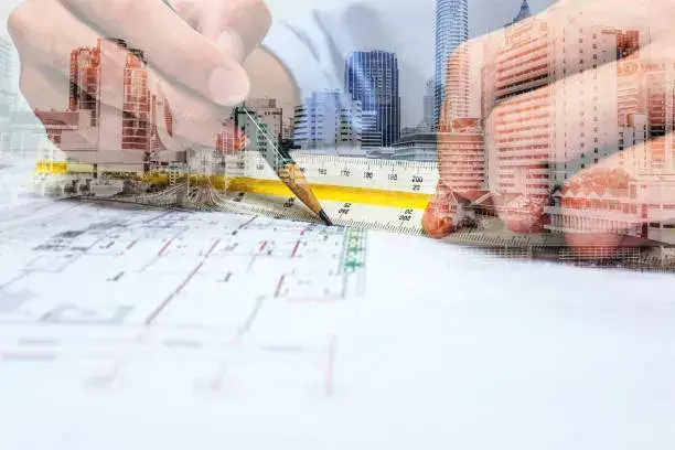 Plans techniques et instruments de mesure posés sur une table de travail