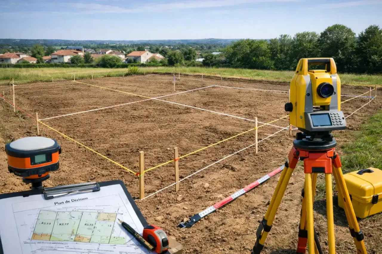 Implantation d’un bâtiment : piquets de repère alignés sur le terrain et plan posé devant la station totale