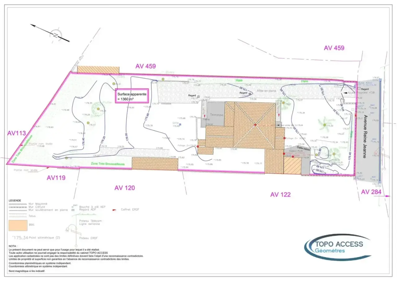 Plan topographique coté restituant un terrain relevé sur la commune