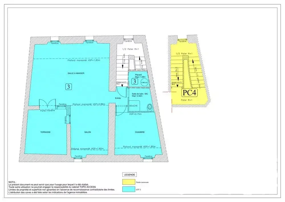 Plan d’appartement avec surfaces distinguées par couleur