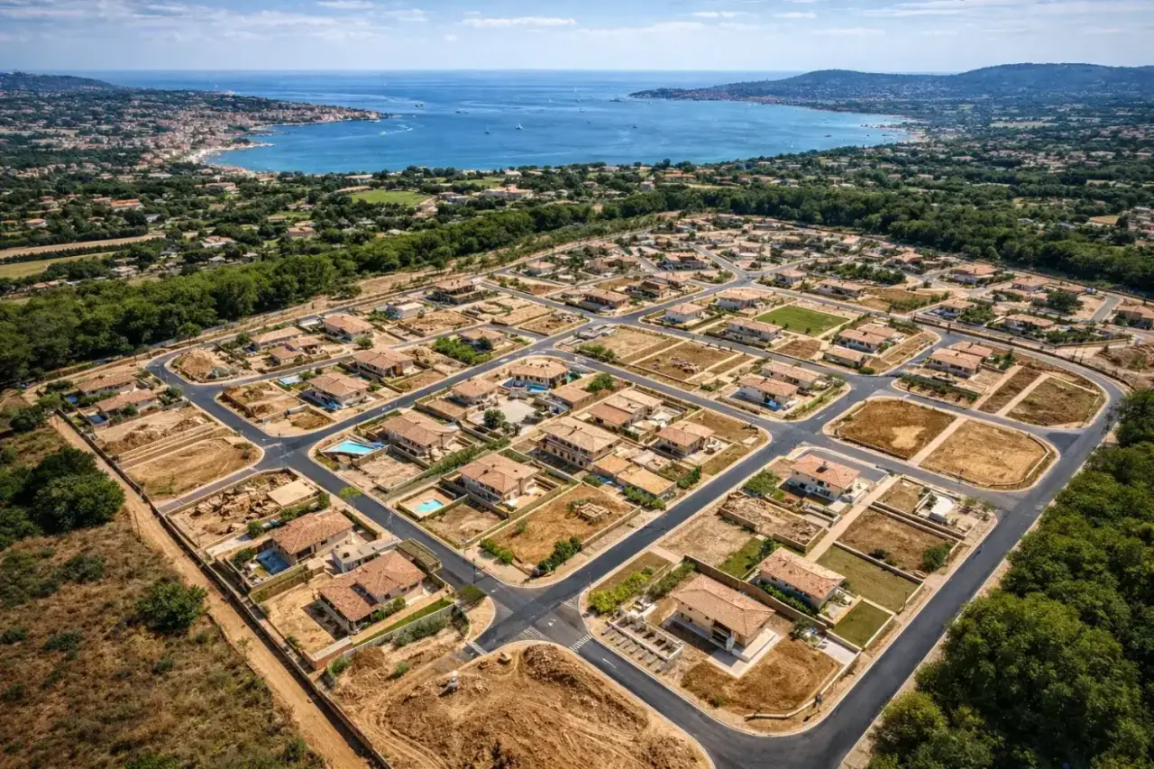 Vue aérienne d’un quartier résidentiel du golfe de Saint-Tropez relevé par le cabinet